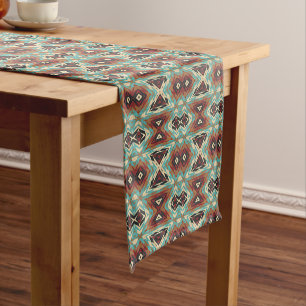 Beige Red Brown Aqua Blue Green Black Tribal Art Short Table Runner