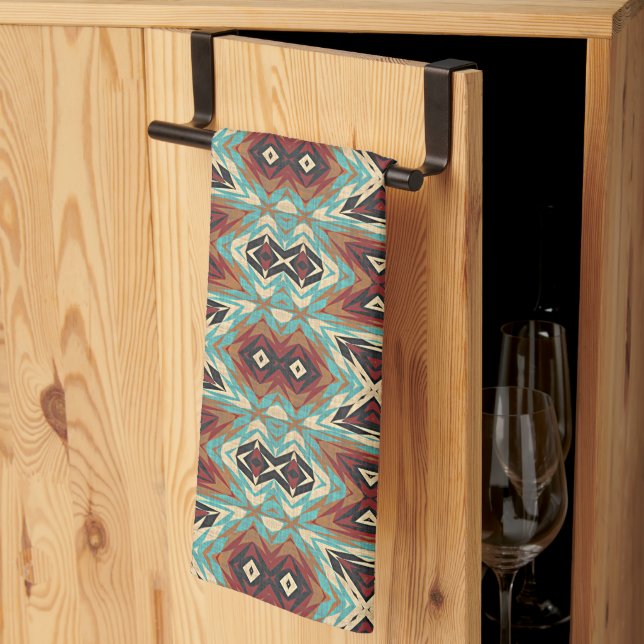 Beige Red Brown Aqua Blue Green Black Tribal Art Tea Towel (Thirds Fold)