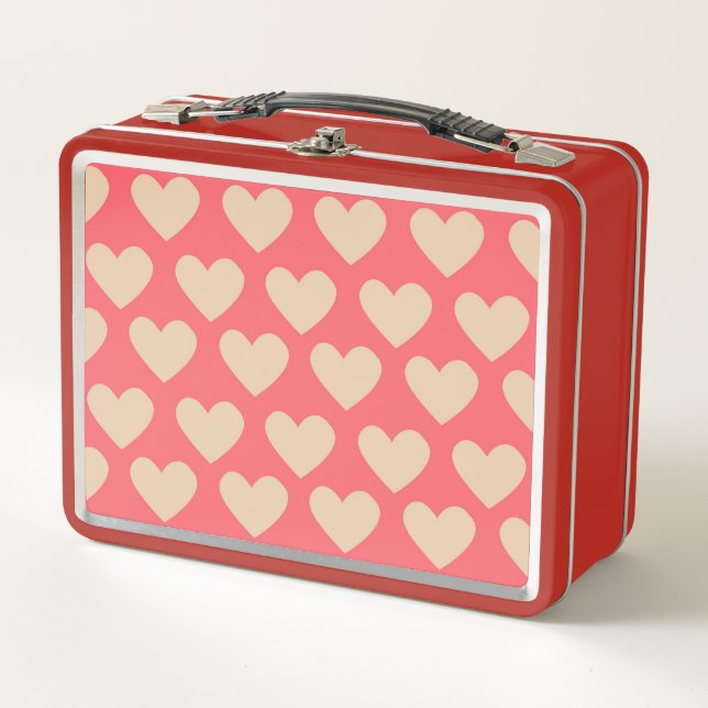 Beige Red Cute Simple Heart Pattern Metal Lunch Box (Front)