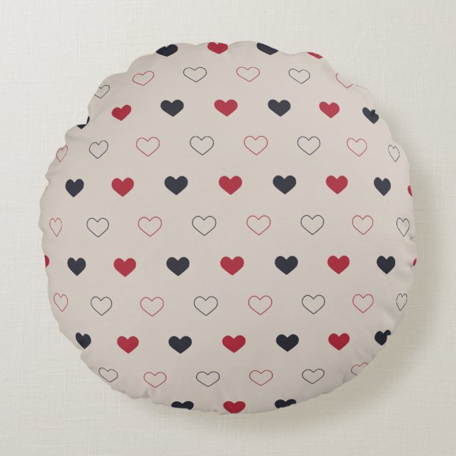 Beige & red Heart Seamless Pattern Cute Minimal Round Cushion (Front)