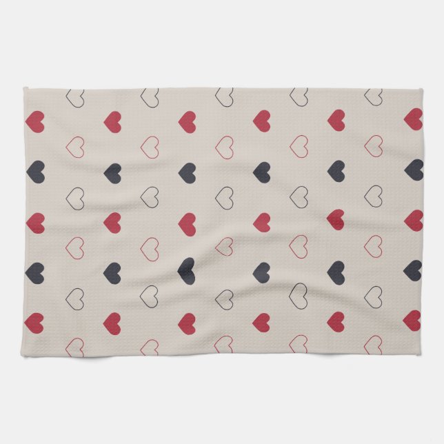 Beige & red Heart Seamless Pattern Cute Minimal Tea Towel (Horizontal)