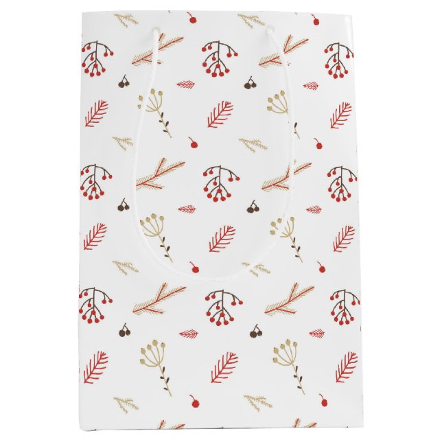 Beige Red Holly Berry Holiday Medium Gift Bag (Front)