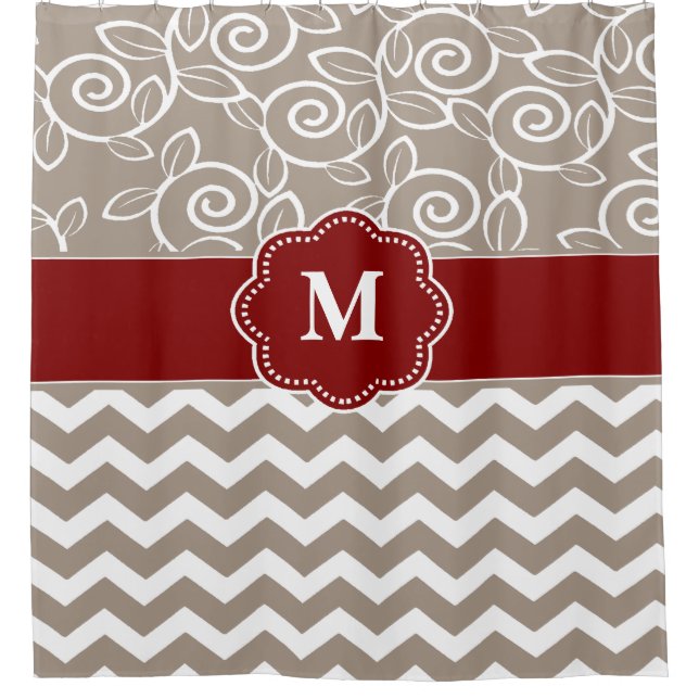 Beige Red Swirl Chevron Monogram Shower Curtain (Front)