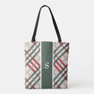 Beige Red Tartan Plaid Monogram Tote Bag