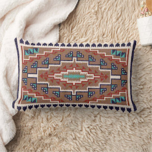 Beige Red Teal Native American Indians Navajo Lumbar Cushion