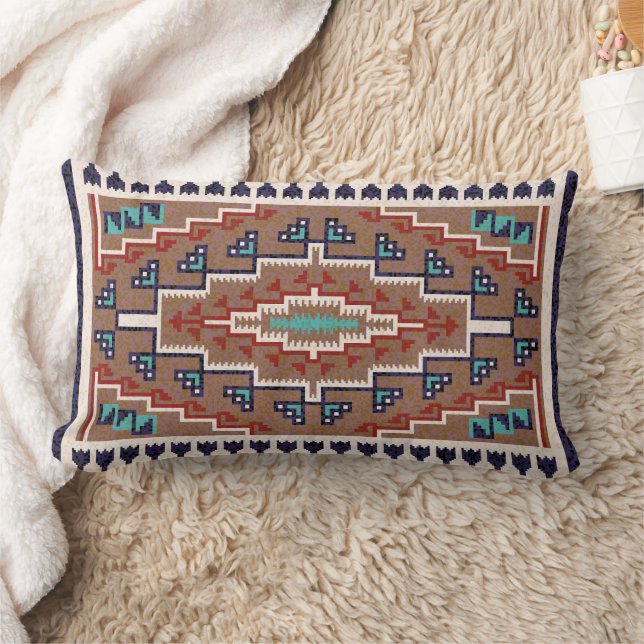 Beige Red Teal Native American Indians Navajo Lumbar Cushion (Blanket)