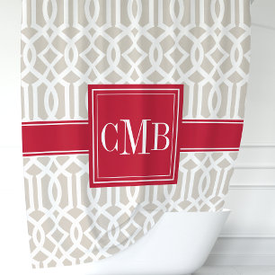 Beige & Red Trellis Monogram Shower Curtain