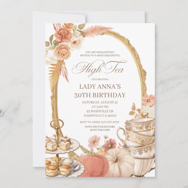 Beige Regency Fall Pumpkin Birthday Tea Party Invitation (Front)