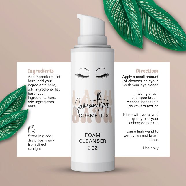 Beige Retro Font Lash Bath Shampoo Wrap Around Rectangular Sticker (Brand your eyelash bath bottles with this trendy beige & white foam bottle label design)