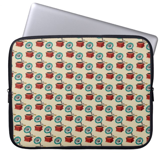Beige Retro Gramophone Pattern Laptop Sleeve (Front)