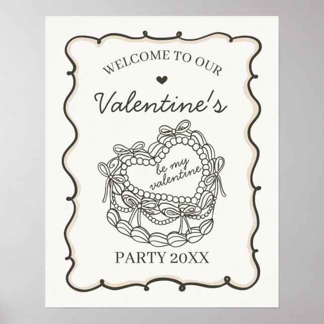 Beige Retro Heart Coquette Cake Valentines Welcome Poster (Front)