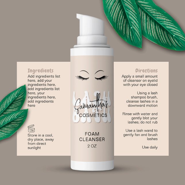 Beige Retro Lash Extensions Cleanser Foam Bottle Rectangular Sticker (Trendy beige & white lash bath foam bottles stickers with space for ingredients & directions)
