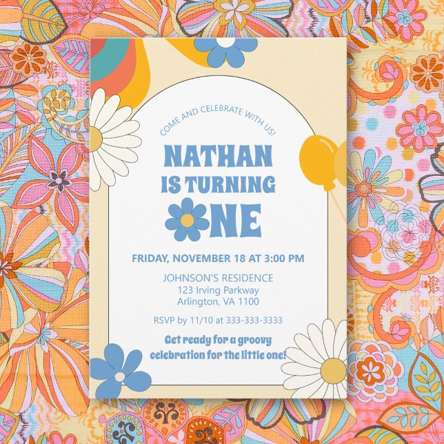 Beige Retro Vinyl 1st Kids Birthday Groovy Floral Invitation (Creator Uploaded)
