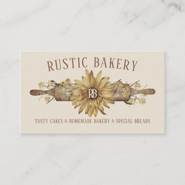 Beige Retro Wood Rolling Pin Sunflower Bakery Business Card (Front)