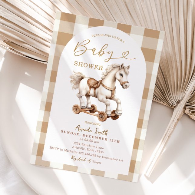 Beige Rocking Horse Brown Gingham Arch Baby Shower Invitation (Creator Uploaded)