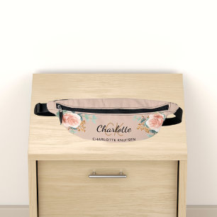Beige rose gold floral greenery name monogram bum bags