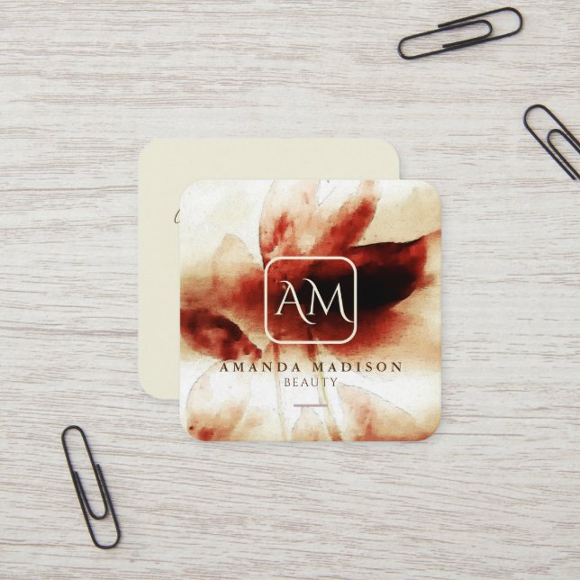 Beige Rose Gold Monogrammed Social Media Floral Square Business Card (Front/Back In Situ)