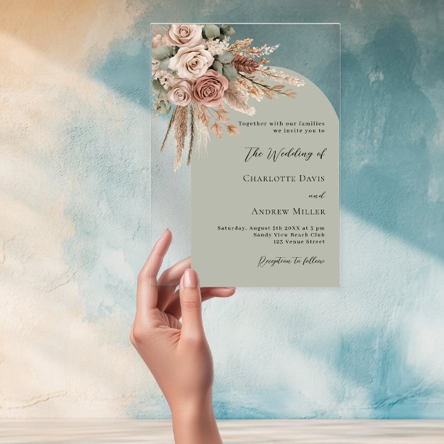 Beige roses pampas sage green arch clear wedding acrylic invitations (Creator Uploaded)
