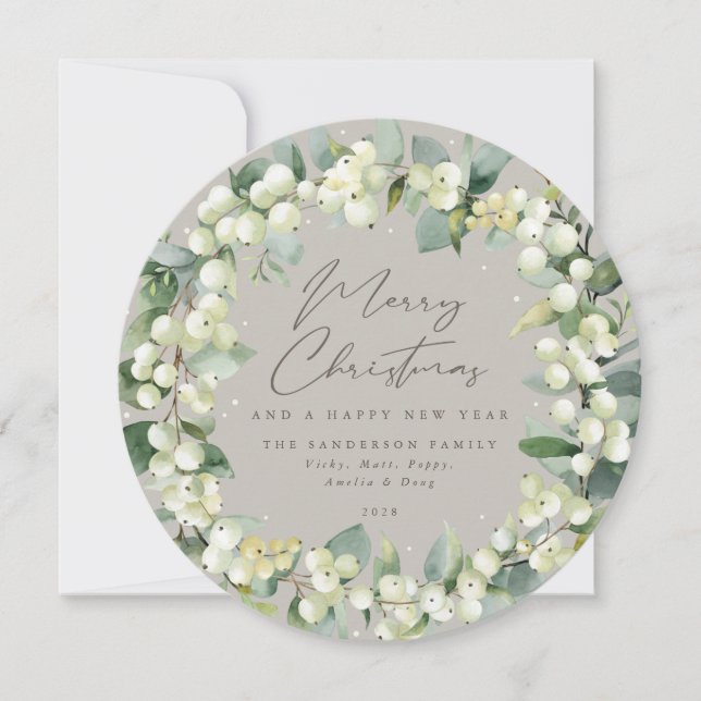 Beige Round Snowberry+Eucalyptus Christmas Wreath Holiday Card (Front)