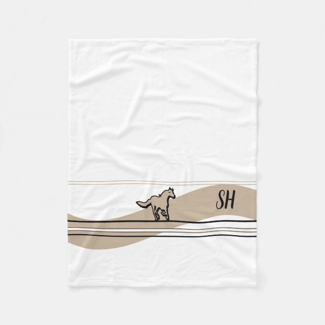 Beige Running Horse Design and Initials Fleece Blanket (Front)