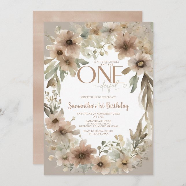 Beige Rustic Floral Isn't She Onederful Birthday Invitation (Front/Back)