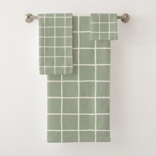 Beige Sage Green Grid Chequered Neutral Minimalist Bath Towel Set