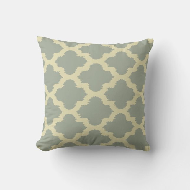 Beige & Sage Green Ikat Quatrefoil Pattern Cushion (Front)
