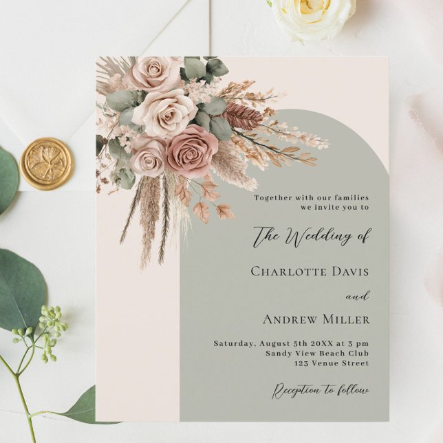 Beige sage green roses arch wedding invitation (Creator Uploaded)