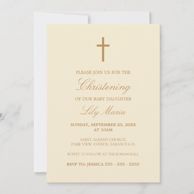 Beige Script Elegant Cream Christening Invitation (Front)