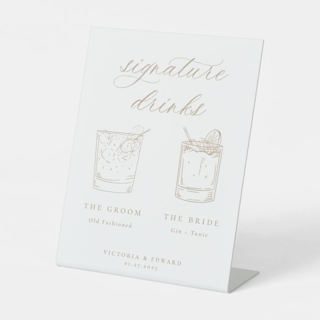 Beige Script Signature Drinks Wedding Pedestal Sign (Front)