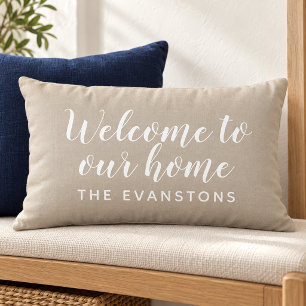 Beige Script Welcome to Our Home Lumbar Cushion