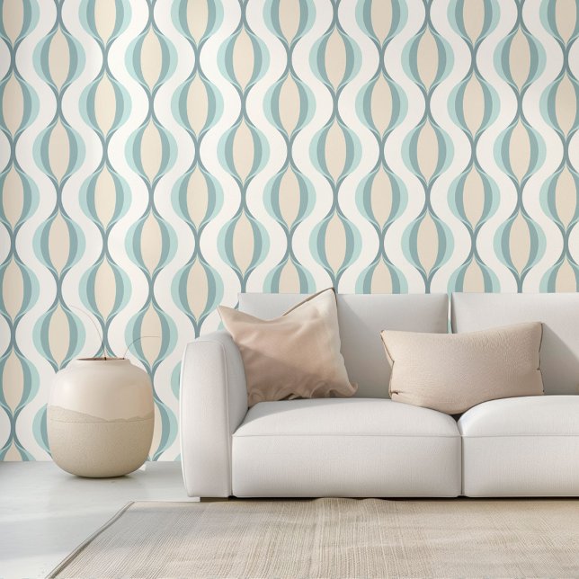 Beige Seafoam Teal Green Ivory Ogee Wave Pattern Wallpaper (Creator Uploaded)