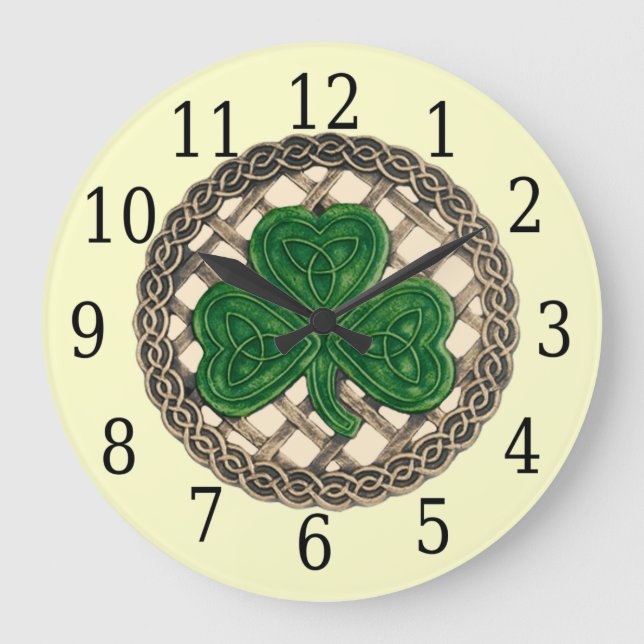 Beige Shamrock And Celtic Knots Round Clock (Front)