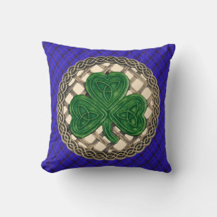Beige Shamrock Celtic Knots On Blue Plaid Cushion