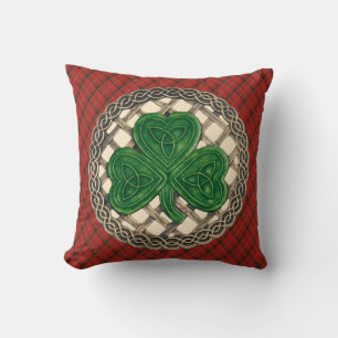Beige Shamrock Celtic Knots On Red Plaid Cushion