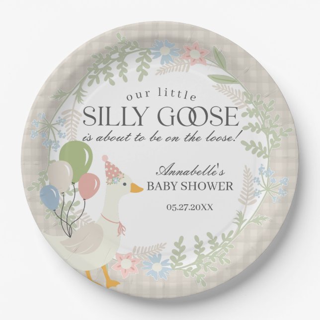 Beige Silly Goose Floral Gingham Baby Shower Paper Plate (Front)