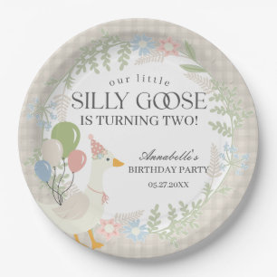 Beige Silly Goose Floral Gingham Birthday Paper Plate