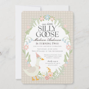 Beige Silly Goose Floral Gingham Birthday Party Invitation