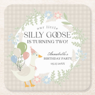 Beige Silly Goose Floral Gingham Birthday Square Paper Coaster
