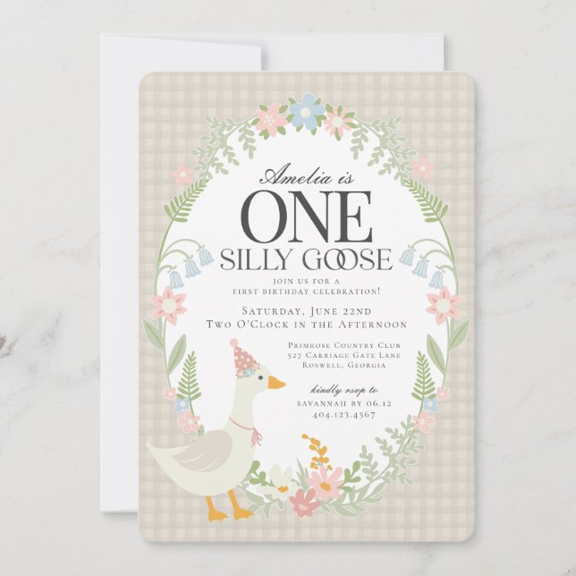 Beige Silly Goose Floral Gingham First Birthday Invitation (Front)