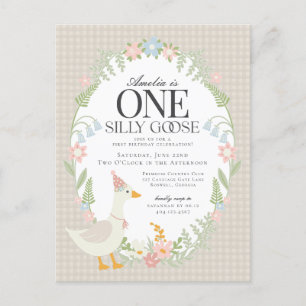 Beige Silly Goose Floral Gingham First Birthday Postcard