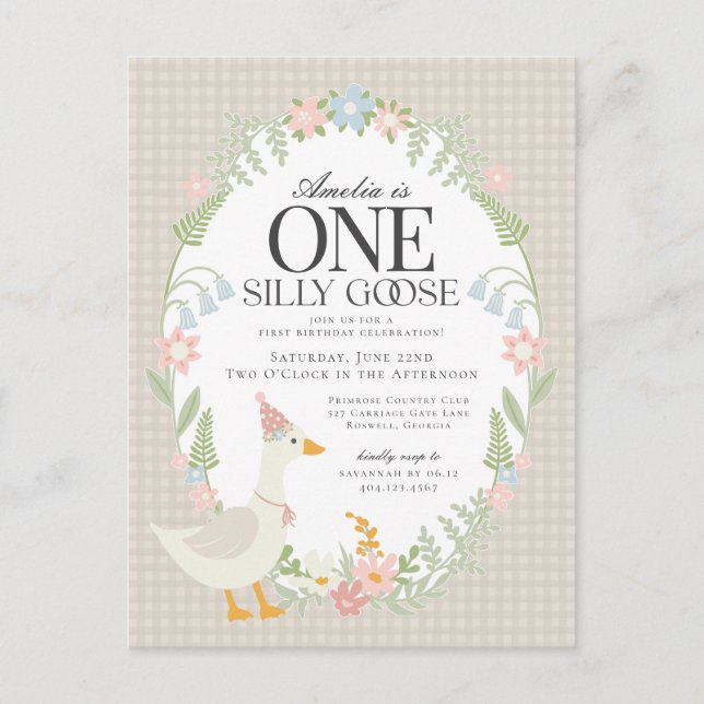 Beige Silly Goose Floral Gingham First Birthday Postcard (Front)