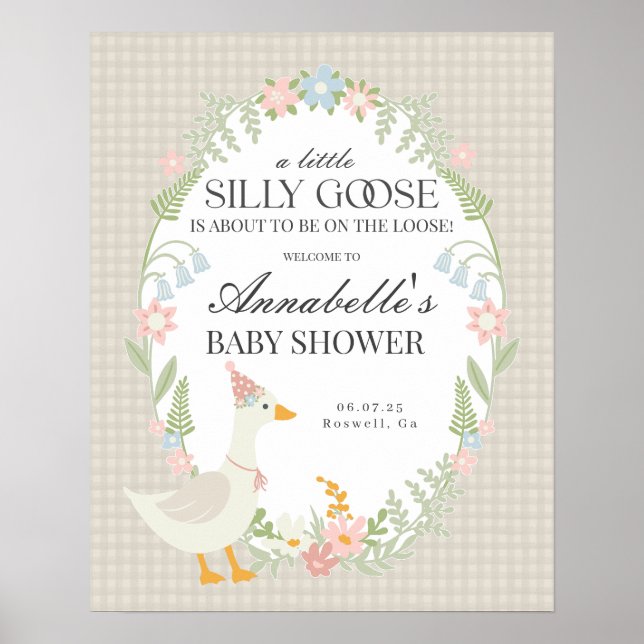 Beige Silly Goose Gingham Baby Shower Welcome Sign (Front)
