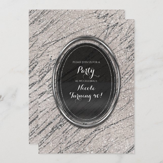 Beige & Silver Glam Marble Stripe Chic Invitations (Front/Back)