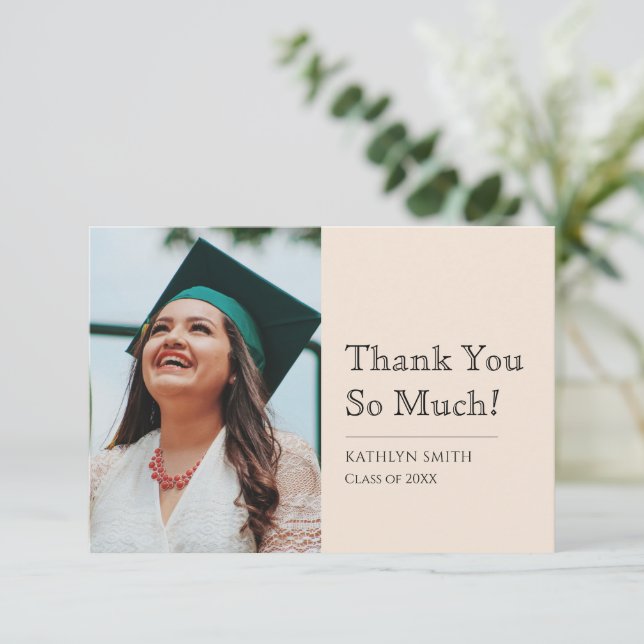 Beige Simple Modern Typography Photo Graduation Thank You Card (Standing Front)