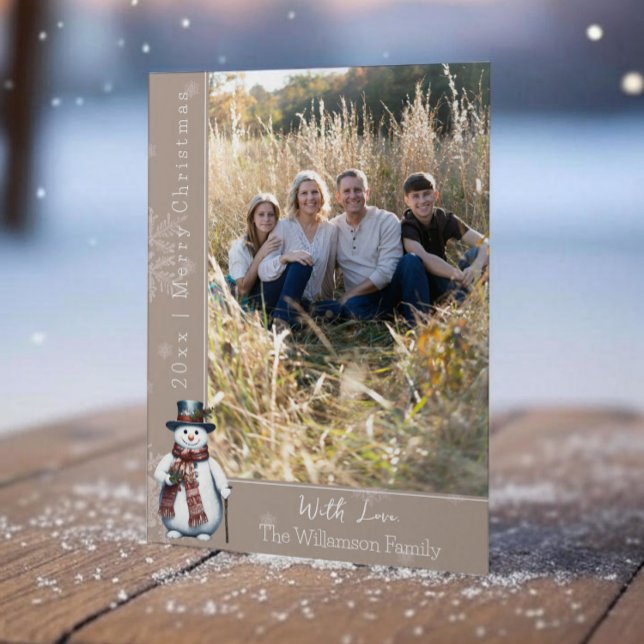 Beige Smiling Snowman Photo Holiday Card (Beige Smiling Snowman Holiday Photo Card)