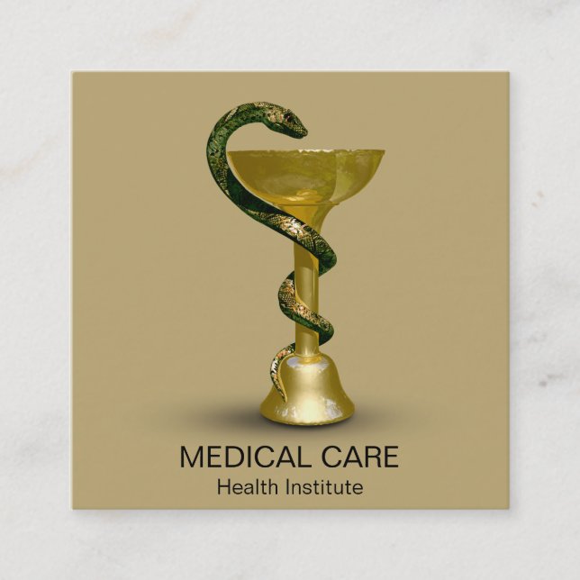 Beige Snake Bowl Hygieia Medical Gold Caduceus Square Business Card (Front)