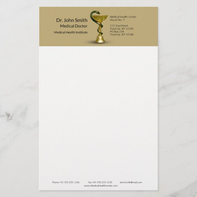 Beige Snake Medical Bowl Hygieia Gold Caduceus Stationery (Front)