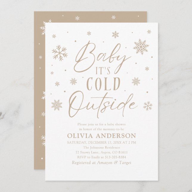 Beige Snowflake Baby It's Cold Outside Baby Shower Invitation (Front/Back)