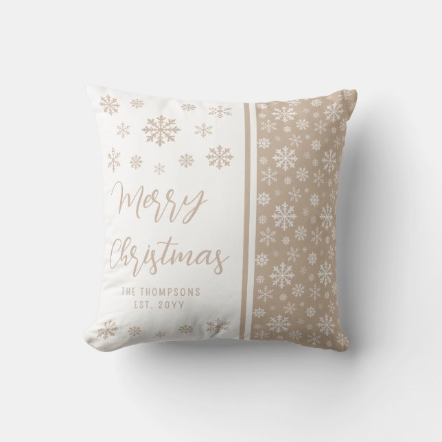 Beige Snowflakes Merry Christmas With Family Name Cushion (Front)